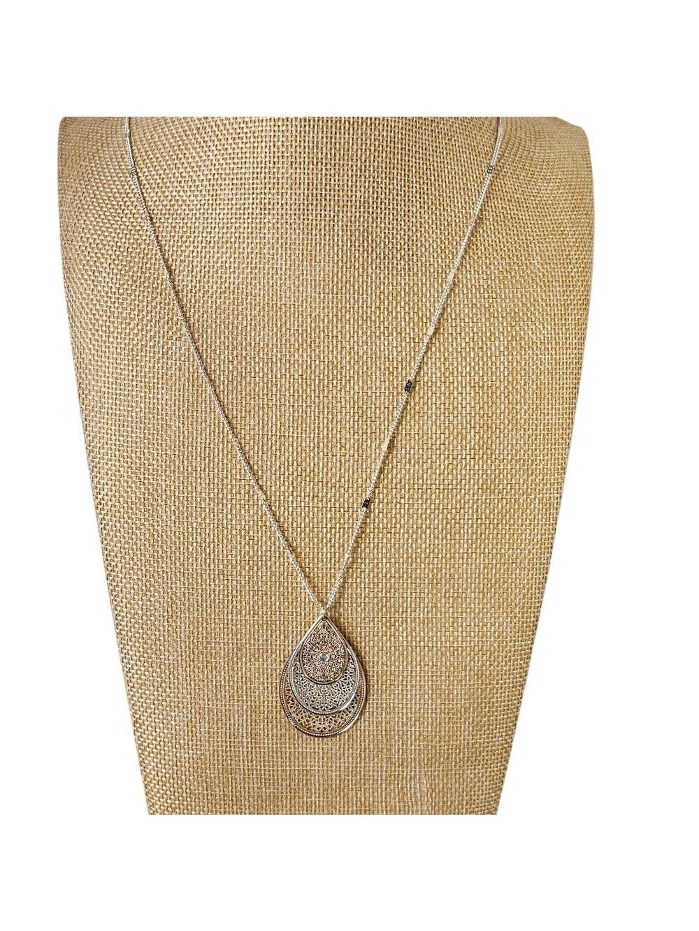Lauren Conrad LC Filigree Teardrop Pendant Necklace 32” Silver Gold Tone New